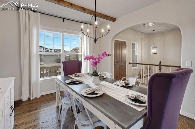 dining room featuring a chandelier, beamed ceiling, and wood-type flooring