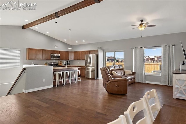 living room featuring vaulted ceiling with beams, dark hardwood / wood-style floors, ceiling fan, and sink