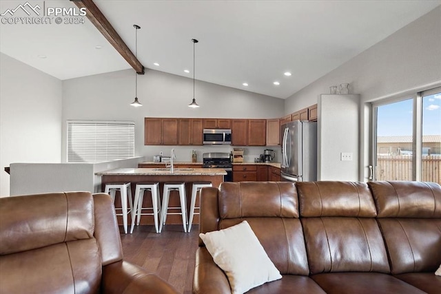 living room with beamed ceiling, dark hardwood / wood-style floors, high vaulted ceiling, and sink