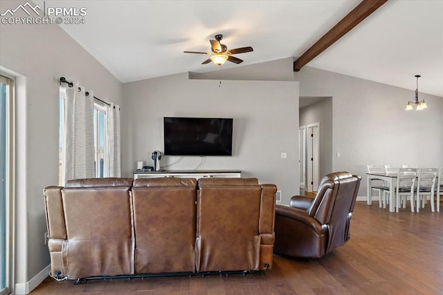 living room with vaulted ceiling with beams, dark wood-type flooring, and ceiling fan with notable chandelier