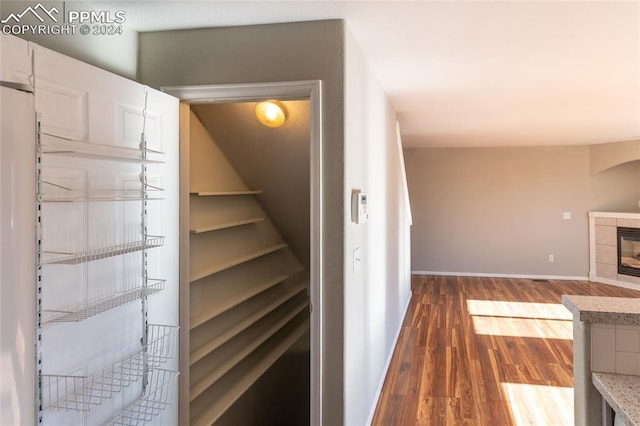 corridor featuring dark wood-type flooring