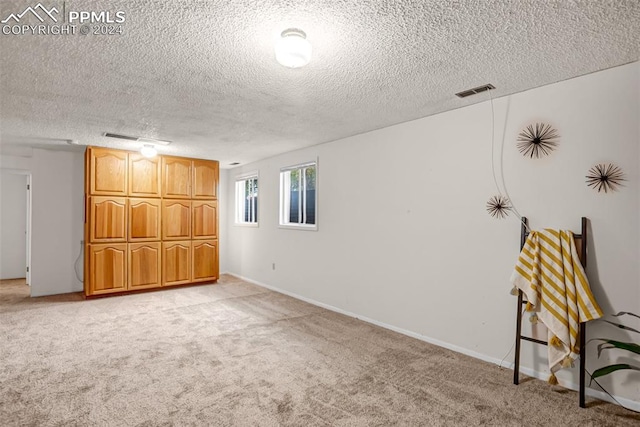 interior space with a textured ceiling and light colored carpet