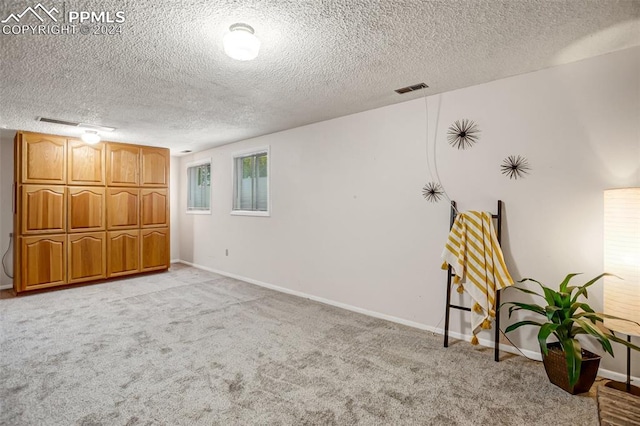 basement with a textured ceiling and light colored carpet