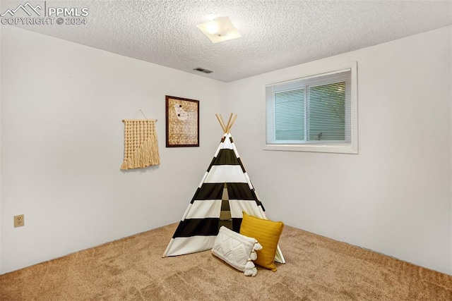 game room with carpet and a textured ceiling