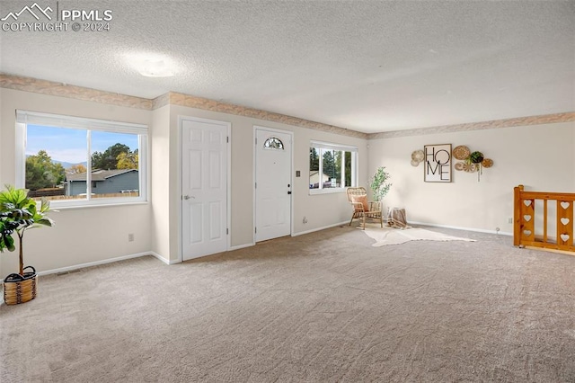 unfurnished living room featuring carpet flooring, a textured ceiling, and a wealth of natural light