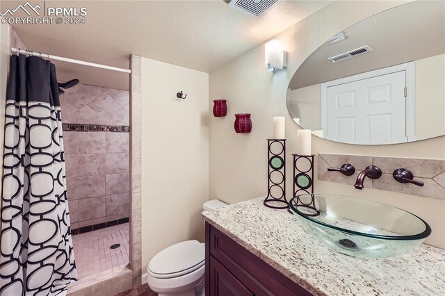 bathroom featuring toilet, vanity, and walk in shower