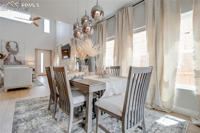 dining area with a high ceiling, light hardwood / wood-style floors, plenty of natural light, and ceiling fan