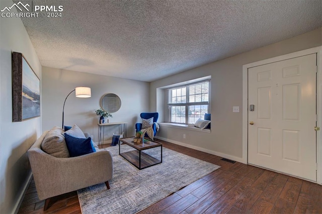 living room featuring a textured ceiling and dark hardwood / wood-style flooring