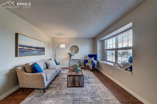 living room featuring dark wood-type flooring and a textured ceiling