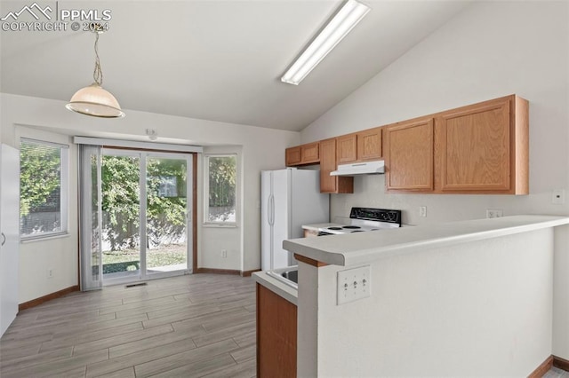 kitchen featuring hanging light fixtures, light hardwood / wood-style flooring, kitchen peninsula, lofted ceiling, and white appliances