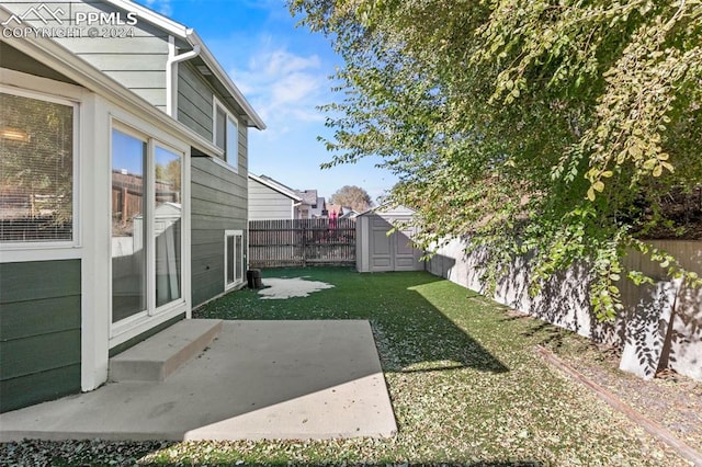 view of yard with a storage unit and a patio area