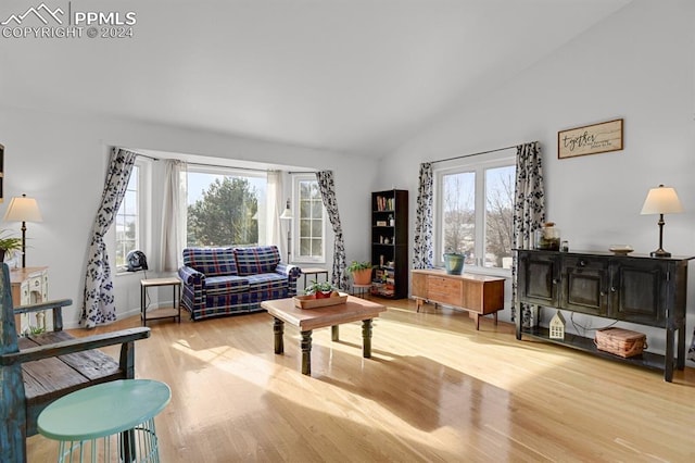 living room featuring lofted ceiling and light hardwood / wood-style floors