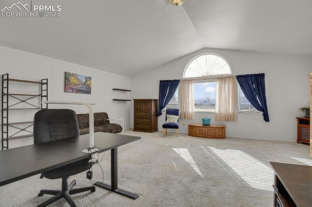 carpeted office space featuring lofted ceiling