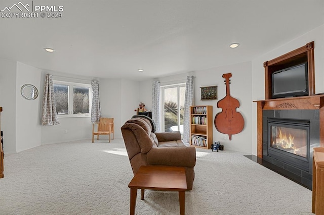 living area featuring carpet flooring and a fireplace