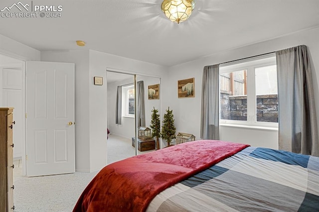 carpeted bedroom with a closet