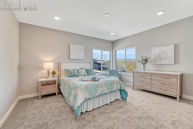 bedroom with light carpet