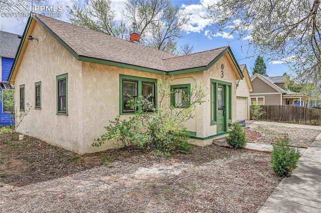 3 S 8th St, Colorado Springs, CO 80905 - view of front facade with a chimney, stucco siding, roof with shingles, and concrete driveway