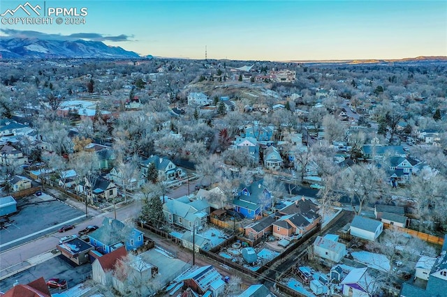 drone / aerial view featuring a mountain view