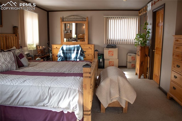 bedroom with light colored carpet