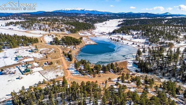 snowy aerial view with a mountain view