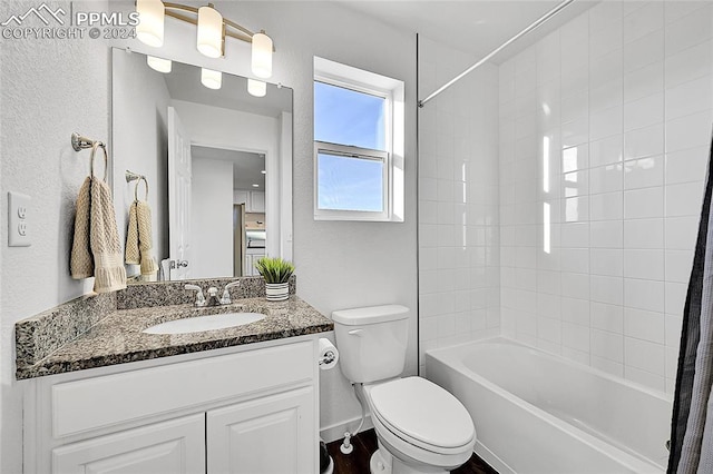 full bathroom with vanity, toilet, and shower / bathtub combination with curtain