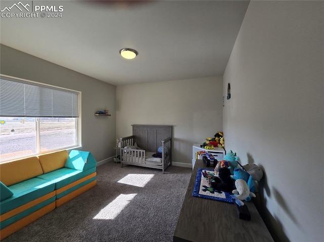 bedroom with dark carpet and a nursery area