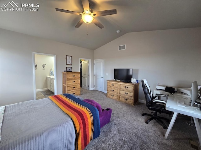 bedroom with carpet flooring, ceiling fan, lofted ceiling, and ensuite bathroom