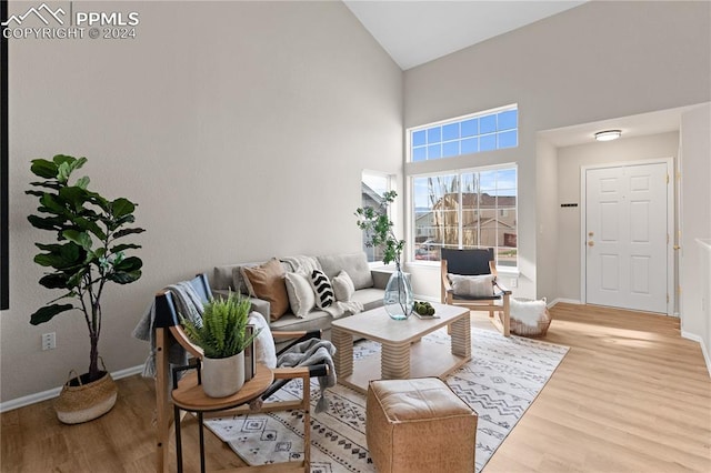 living room with hardwood / wood-style floors and high vaulted ceiling