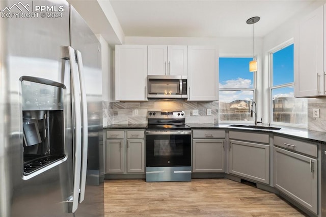 kitchen featuring gray cabinetry, backsplash, sink, white cabinetry, and stainless steel appliances