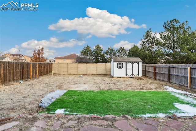 view of yard featuring a storage shed