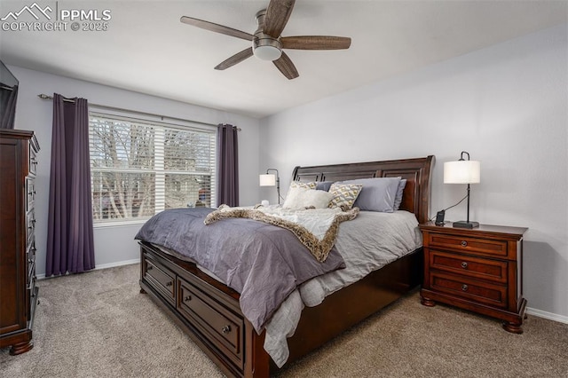 carpeted bedroom featuring ceiling fan