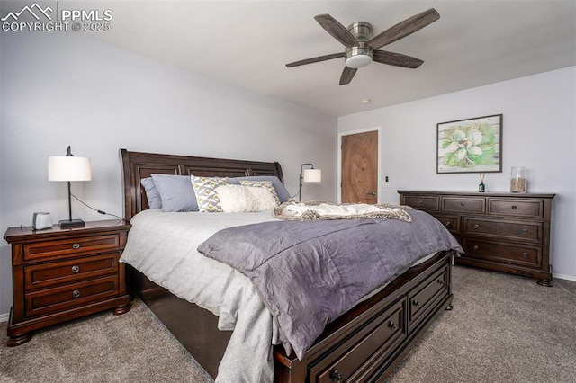 bedroom with ceiling fan and light colored carpet