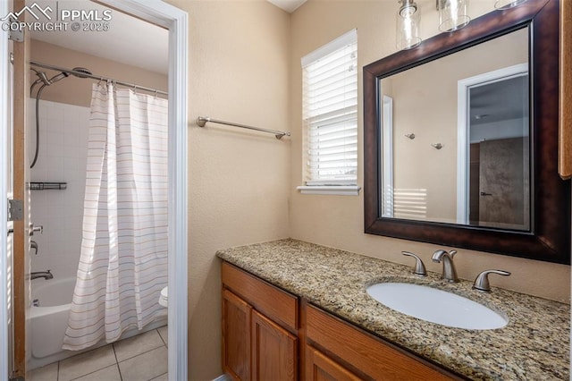 full bathroom featuring toilet, shower / bath combo, vanity, and tile patterned floors