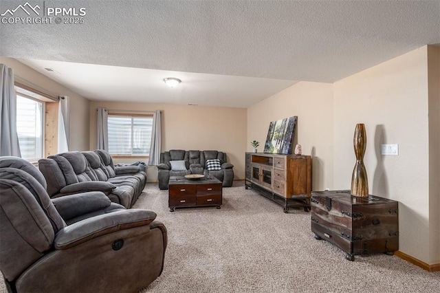 carpeted living room with a textured ceiling