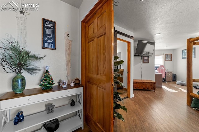 hallway featuring hardwood / wood-style flooring, a barn door, and a textured ceiling