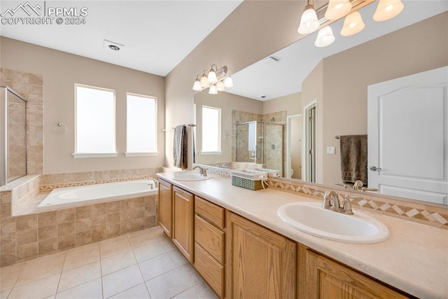 full bathroom with tile patterned flooring, vanity, toilet, and plus walk in shower