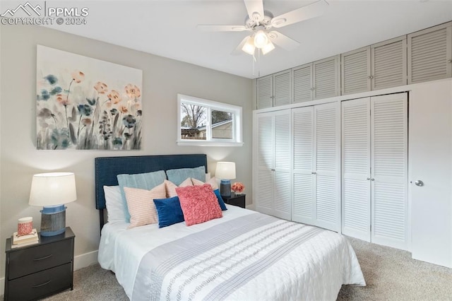 bedroom with carpet flooring, ceiling fan, and a closet