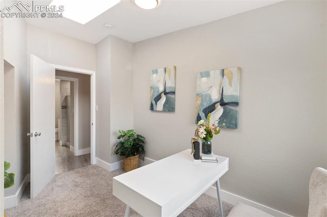 office area featuring light colored carpet