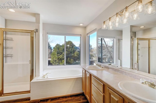 bathroom with separate shower and tub, plenty of natural light, and hardwood / wood-style floors