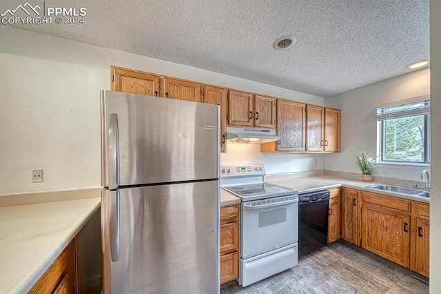 kitchen with sink, light hardwood / wood-style flooring, dishwasher, white electric range, and stainless steel refrigerator