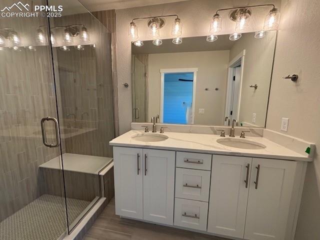 full bathroom featuring a sink, a shower stall, and double vanity