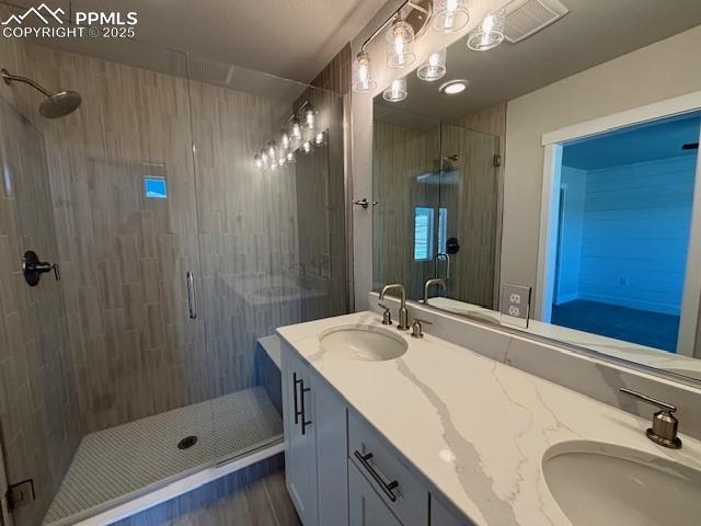 bathroom with double vanity, a shower stall, and a sink