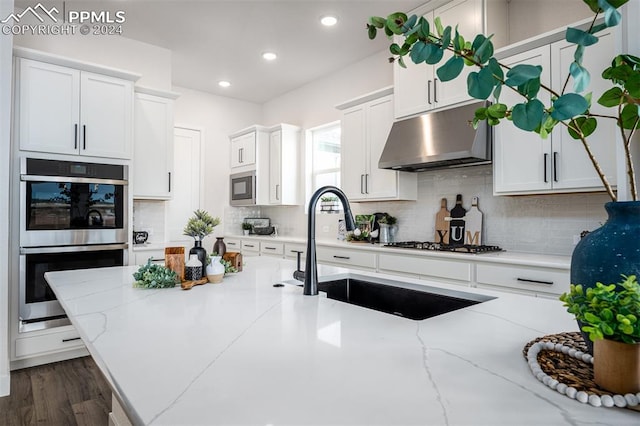 kitchen with light stone countertops, stainless steel appliances, sink, white cabinets, and dark hardwood / wood-style floors