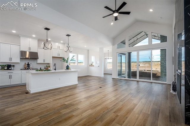 kitchen with hardwood / wood-style flooring, pendant lighting, white cabinetry, and a kitchen island with sink