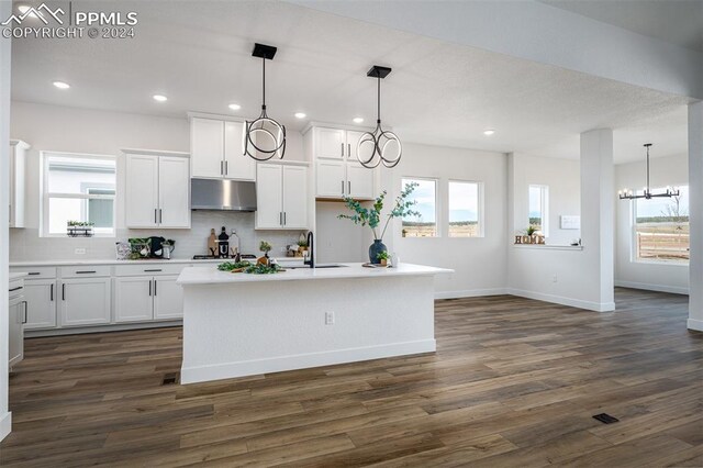 kitchen with white cabinets, a healthy amount of sunlight, dark hardwood / wood-style flooring, and an island with sink