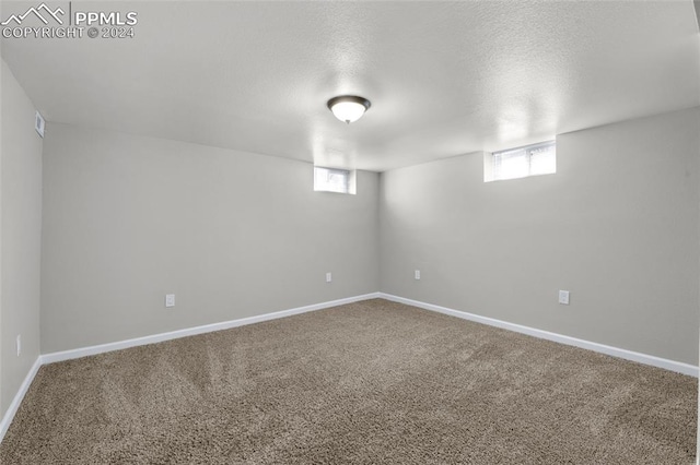 basement with plenty of natural light, carpet floors, and a textured ceiling