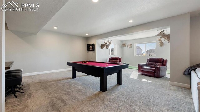 playroom with light carpet and billiards