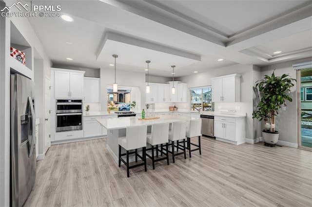 kitchen with light hardwood / wood-style flooring, white cabinets, and stainless steel appliances