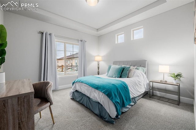 carpeted bedroom featuring a raised ceiling and multiple windows