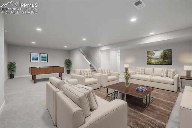 carpeted living room featuring pool table